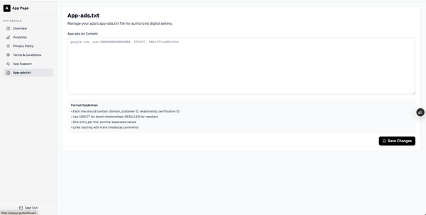 The image displays an interface for managing an app's app-ads.txt file.
