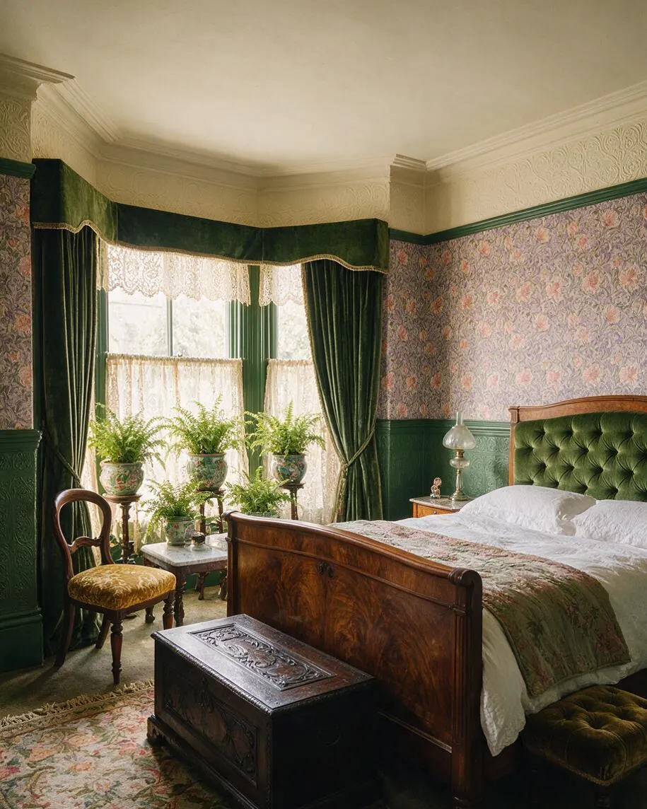 A Victorian-style guest bedroom with a carved wooden bed, deep green tufted velvet headboard, floral wallpaper, and dark green drapery framing a bright window. The room includes a vintage chair, potted ferns on stands, a small bedside lamp, and an ornate dark wooden chest at the foot of the bed.