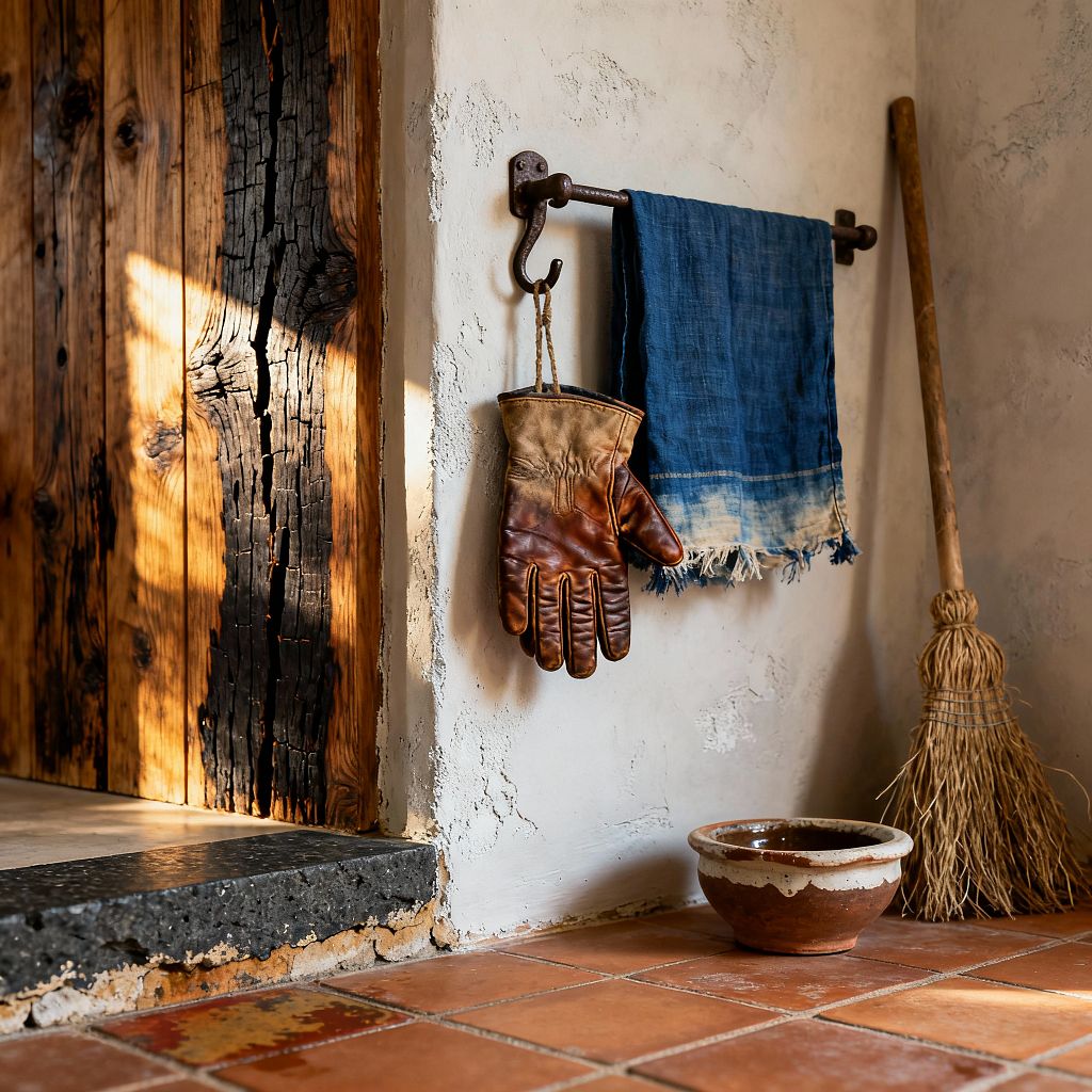 An intimate mudroom corner shows a charred wood plank door beside a textured limewashed plaster wall. A wrought-iron rail holds a fringed indigo cloth and a weathered leather glove; a natural straw broom leans nearby. Patinated terracotta tiles meet a dark stone threshold with chipped plaster, and a small hand-thrown stoneware bowl rests on the floor, all lit by warm sunlight that highlights rough, irregular surfaces and handmade imperfections.