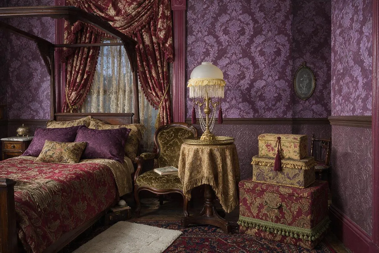 A richly decorated Victorian master bedroom with plum patterned wallpaper, a dark wood four-poster bed, and layered burgundy and gold textiles. The room includes ornate curtains, a vintage chair, an embroidered side table, and decorative storage boxes, creating a luxurious, moody atmosphere.