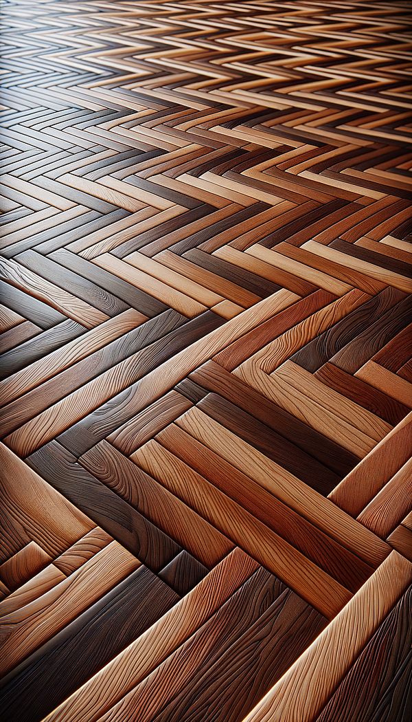 A close-up image of elegant parquet flooring showcasing a herringbone pattern with rich, warm wood tones.