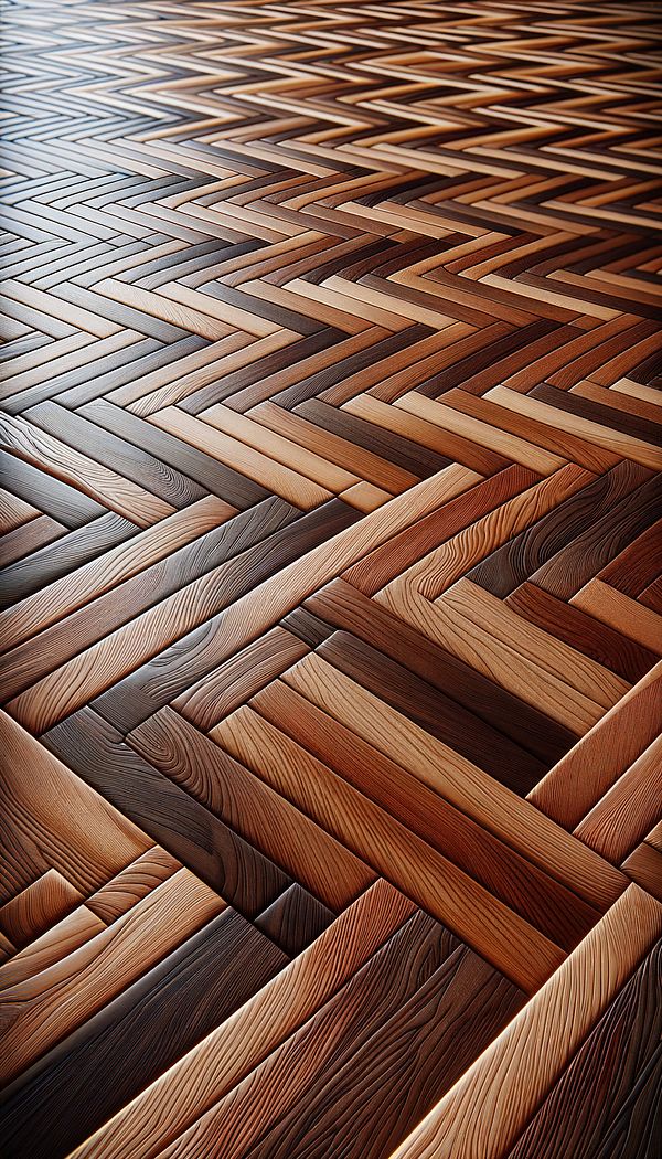 A close-up image of elegant parquet flooring showcasing a herringbone pattern with rich, warm wood tones.