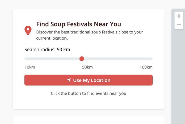 A user interface for finding soup festivals based on the user's location.