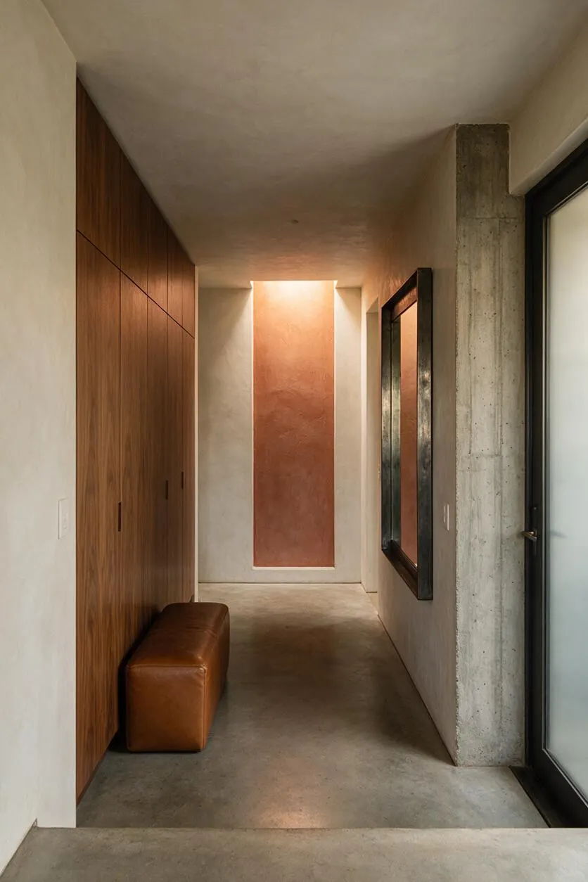 A narrow entryway with smooth concrete floors and walls, a tall wood-paneled storage wall on the left, and a brown leather bench tucked beneath it. A raw concrete column and a black-framed mirror add contrast on the right, while a softly lit terracotta accent wall anchors the end of the hall.
