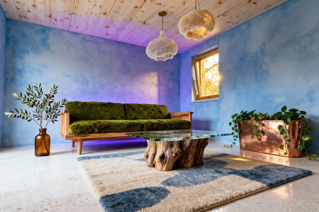 A biophilic living room features a moss‑green cushioned oak sofa set against sky‑blue limewash walls with a subtle purple glow behind it. A glass coffee table on a sculptural driftwood base sits on a cream and denim‑blue geometric rug, beneath two cloudlike white pendants and a pine tongue‑and‑groove ceiling. A copper planter with trailing vines stands near a wood‑framed window, while an amber glass bottle holds an olive branch on the floor.