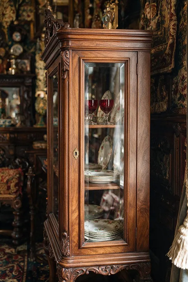 A narrow Victorian-style wooden display cabinet with a glass front stands in a richly decorated room. Inside, floral china plates and red wine glasses are neatly arranged on wooden shelves, while ornate carved trim and dark patterned textiles frame the scene.