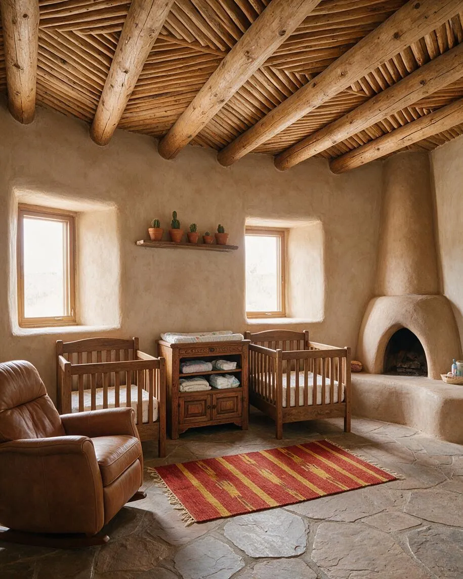 A Southwestern-style nursery with two wooden cribs, a carved wood changing cabinet, and a leather rocking chair set against smooth adobe walls. Exposed log ceiling beams, a built-in fireplace, small windows, and a red striped rug create a warm rustic atmosphere.