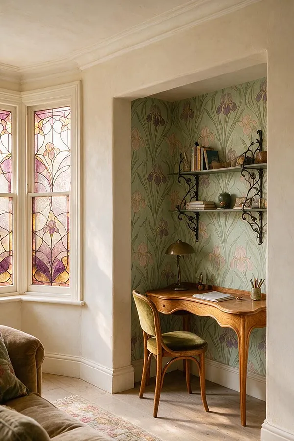 A cozy home office nook framed by a plastered alcove with mint-green floral wallpaper, a curved wooden desk, and two decorative wall shelves. To the left, tall stained-glass windows glow in soft pink, purple, and amber tones, filling the room with warm natural light.