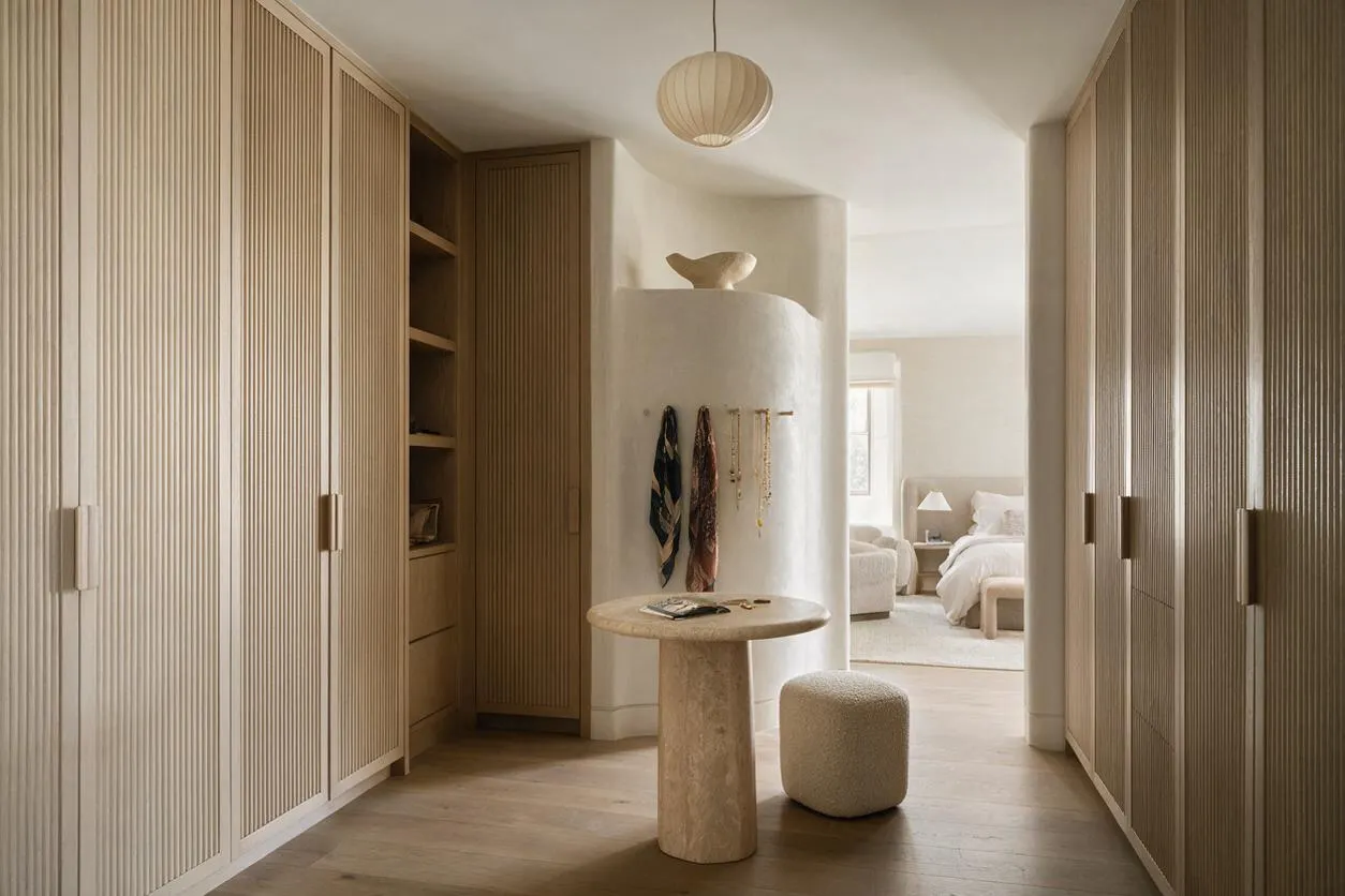 A modern closet hallway with floor-to-ceiling fluted wood cabinetry on both sides, slim vertical brass-toned pulls, and a soft neutral palette. A small stone table and textured round stool sit in the center beneath a simple pendant light, with a bedroom visible at the far end.