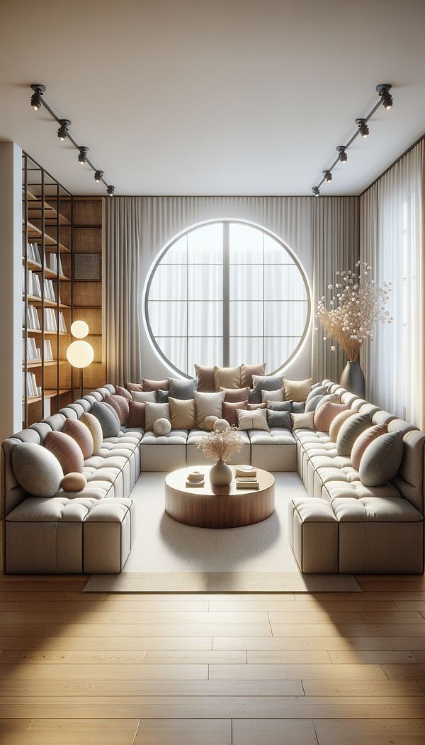 A cozy living room setup featuring modular seating arranged in a semi-circle around a coffee table, with a variety of cushions for added comfort.