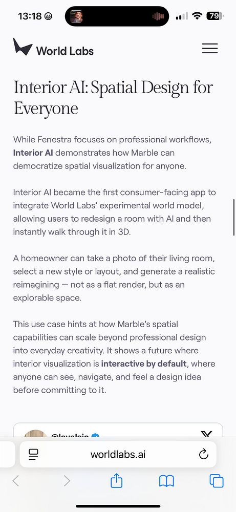 The image displays a mobile webpage for World Labs featuring a case study on Interior AI.