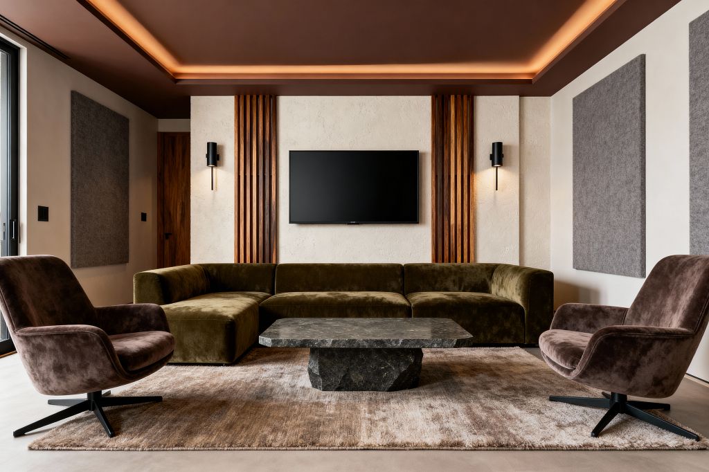 A moody media room features an olive-green velvet sectional around a dark stone coffee table, with two mauve velvet swivel chairs on black bases; a wall-mounted TV centers a textured plaster wall accented by vertical walnut slats and matte black sconces, while large gray felt acoustic panels flank the seating. A chocolate-brown tray ceiling with warm cove lighting glows above a taupe area rug and light microcement floor, and a black-framed glass door to the left brings in daylight.