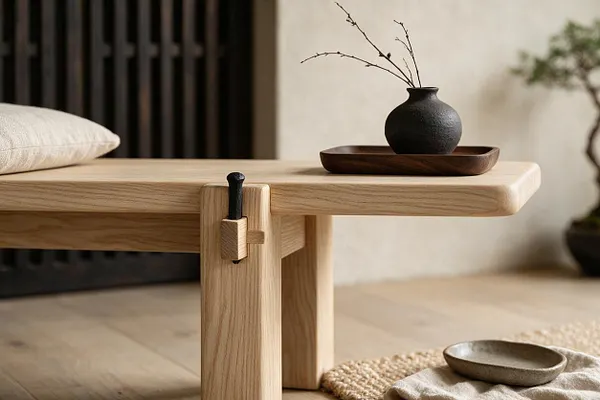 A low wooden bench with rounded edges and visible joinery sits in a serene Japandi interior. It is styled with a matte black vase and tray, a neutral cushion, and simple ceramics on a woven mat and linen cloth.