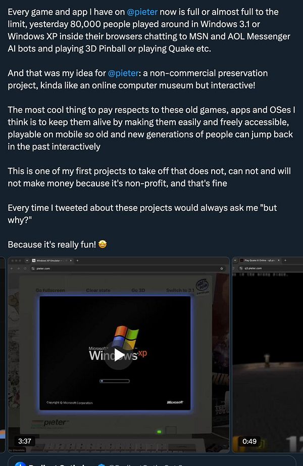 A social media post discussing the success of the pieter.com nostalgia project with screenshots showing Windows XP and Quake emulations in browsers.