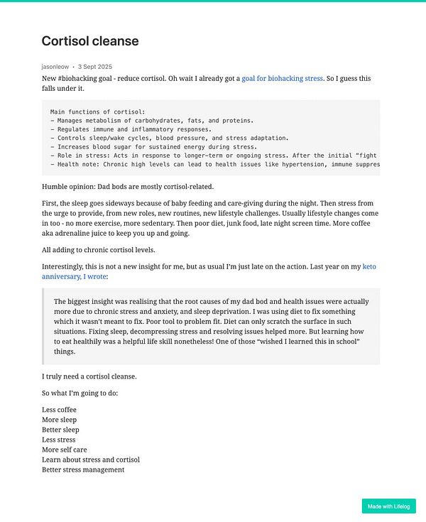 The image features a detailed blog post about a cortisol cleanse, discussing its effects and personal insights on managing stress.