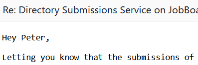Screenshot of an email discussing directory submissions service on JobBoardSearch addressed to Peter.