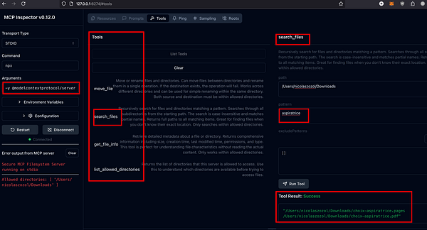 The image displays the MCP Inspector interface used for file system and database inspection.