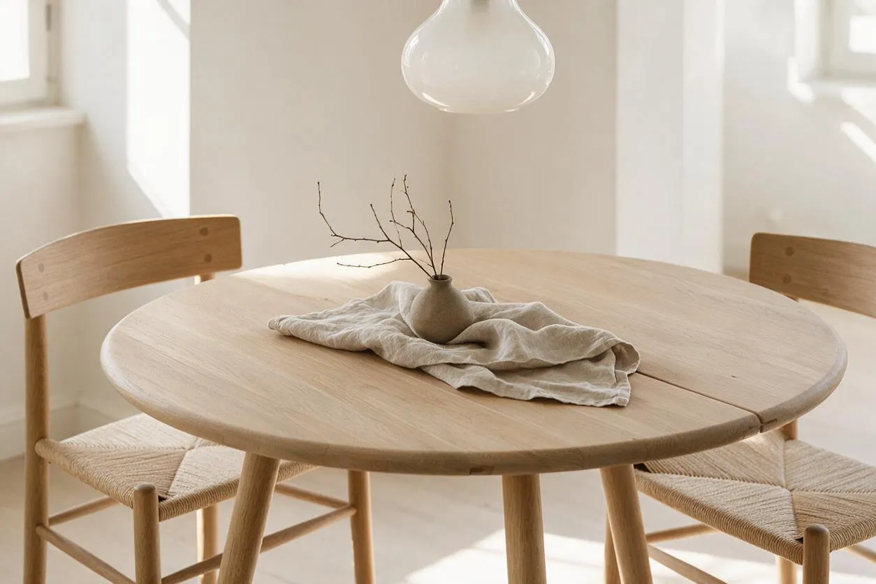 A Scandinavian dining nook with a round light oak table, two wooden chairs with woven seats, and a small ceramic vase centered on a draped linen cloth. Soft daylight fills the neutral room beneath a white pendant light, creating a calm, minimal atmosphere.