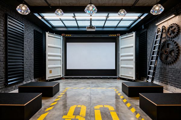 A media room styled like a workshop features a large projection screen set within the open doors of a white shipping container. The space has matte black brick walls with louvered panels, oversized metal gears and a black ladder on one side, and a polished concrete floor stenciled with yellow hazard stripes. A gridded skylight, linear strip lights, faceted glass pendants, and a ceiling-mounted projector complete the industrial scene.