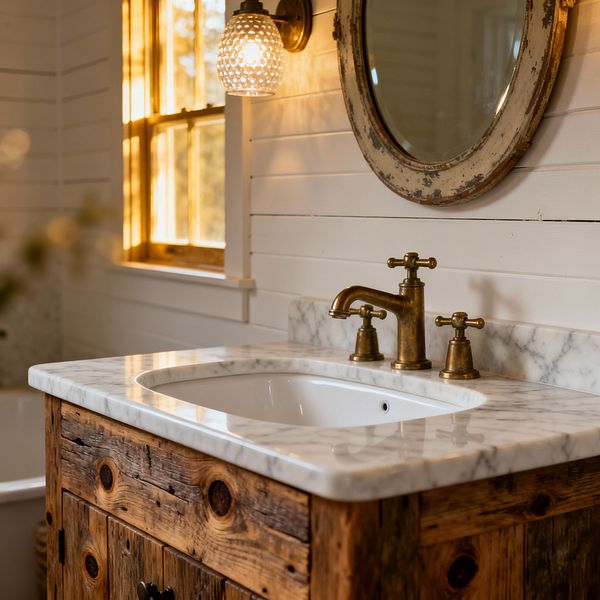 A farmhouse bathroom vignette shows a vanity of reclaimed wood topped with a white marble counter and undermount porcelain sink, fitted with an antique brass three-hole faucet. Above, a distressed oval wood mirror hangs on white shiplap beside a seeded-glass sconce, while a sunlit, wood-trimmed window warms the scene. The marble backsplash and the rim of a nearby freestanding tub complete the rustic, timeworn look.