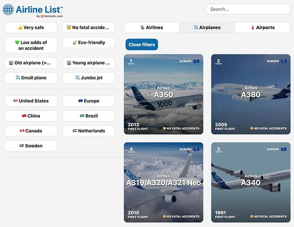 The image displays a user interface for an airline listing website featuring various filters and a selection of airplanes.
