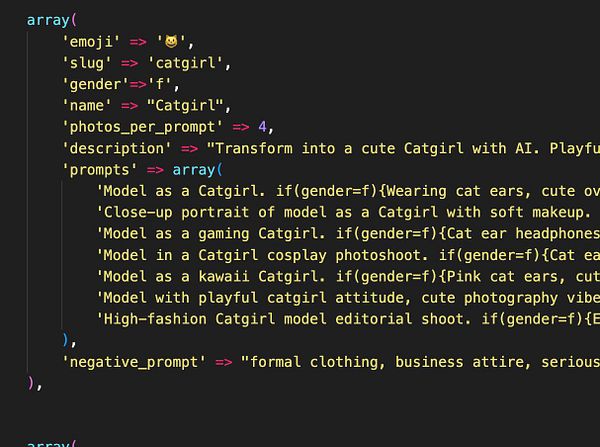 The image displays a code snippet related to a Catgirl photo pack.