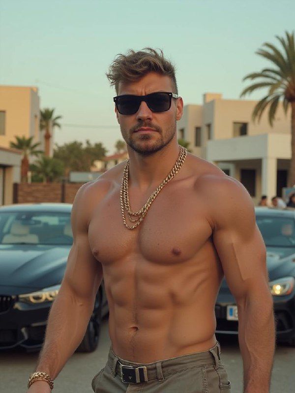 A muscular man poses confidently in front of luxury cars in a sunny outdoor setting.