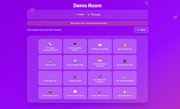 The image displays a colorful interface for a public demo room game focused on recognizing phrases.
