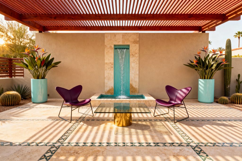 An outdoor patio features a slatted wood pergola casting striped shadows on travertine flooring with green mosaic bands. A travertine-framed fountain with ribbed turquoise tile drops water into a small rectangular pool centered on a sand-colored stucco wall. Two deep purple lounge chairs with black metal legs flank a square glass table on a polished brass cylinder base. Tall aqua planters hold bird-of-paradise, with barrel cacti and agave at the edges.