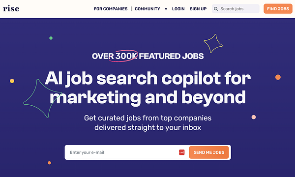 The image displays the homepage of the Rise job board, highlighting its features and offerings.