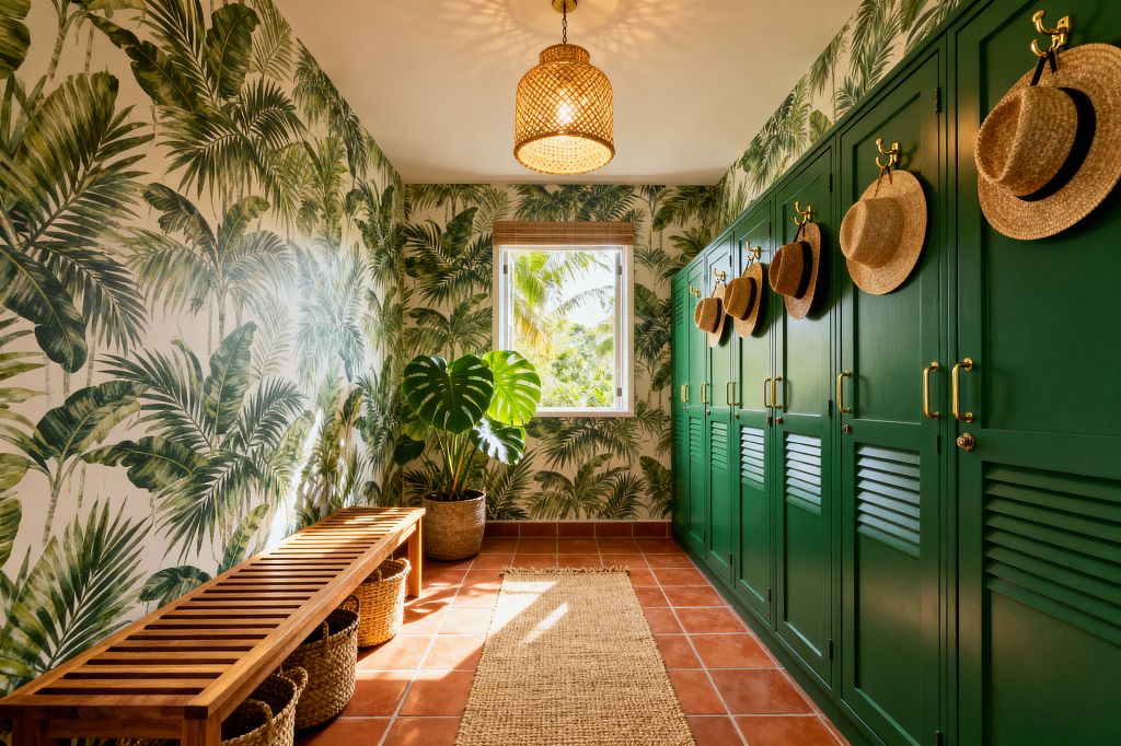 A tropical mudroom features palm-leaf wallpaper and a row of emerald green built-in lockers with louvered doors, brass handles, and hooks displaying straw hats. Opposite a slatted wood bench with woven baskets, terracotta floor tiles lead to a sunlit window with a woven shade, while a rattan pendant and a potted monstera complete the warm, breezy look.