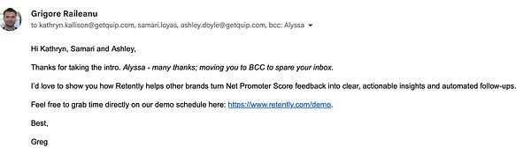 An email correspondence discussing a demo for Retently's services.