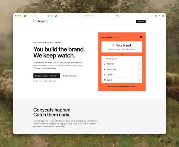 Homepage design for trademarc featuring brand protection service with scanning and monitoring information.