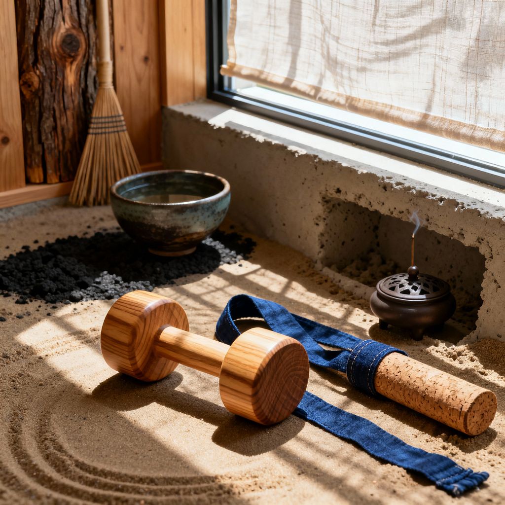 A sunlit corner of a Japanese-inspired home gym features a raked sand floor with a striped wooden dumbbell at center. An indigo cotton strap and a cork massage roller rest nearby, while smoke rises from a small ceramic incense burner set on a rough concrete sill beneath a window with a gauzy linen shade. A stoneware water bowl, a straw broom, and a cluster of black lava rocks sit against warm vertical wood panels, creating a calm, tactile setting.