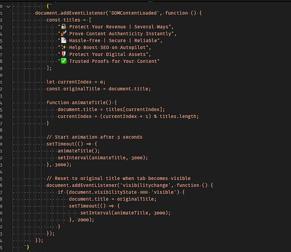 The image displays a snippet of JavaScript code for animating document tab titles.
