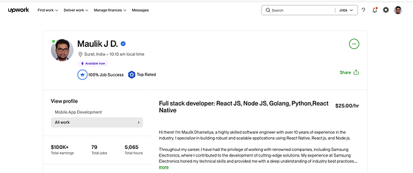 A screenshot of an Upwork profile page showing the freelancer's overview, availability set to "Available for freelance projects", and location in Chicago, Illinois, United States.