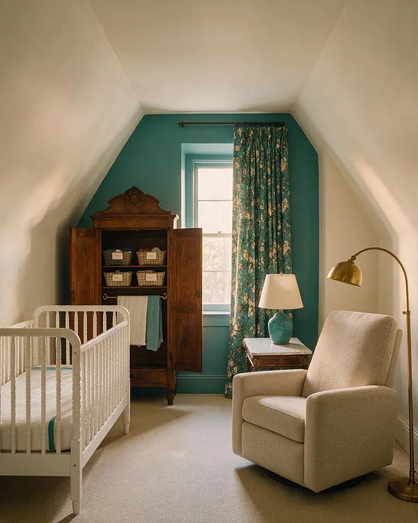 A cozy nursery with sloped white ceilings, a teal accent wall, and a white crib on the left. The room includes a vintage wooden cabinet, floral curtains, a beige armchair, a brass floor lamp, and a small side table with a lamp, creating a warm eclectic look.