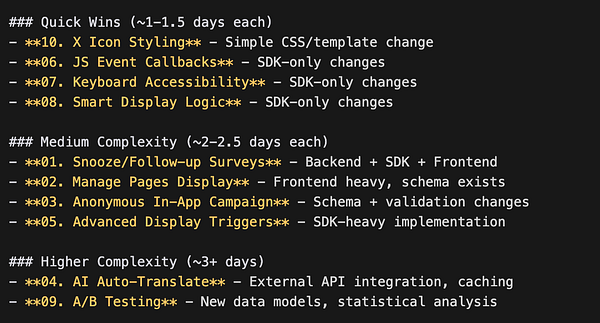 A task list categorizing in-app feature improvements by complexity and estimated time to complete.