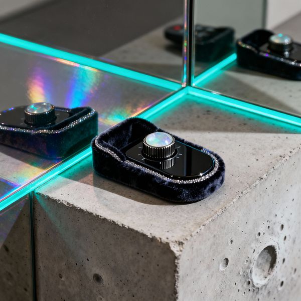Close-up of a media room corner showing a raw concrete plinth meeting a mirror seam with an integrated teal LED strip. On the surface sits a glossy black control device inside a plush midnight-velvet cradle, trimmed with subtle crystals. A ribbed metal dial with an opalescent cap tops the unit, throwing prismatic reflections into the mirror. The scene mixes industrial concrete with reflective glass and neon glow, expressing a futuristic, glam Cosmic Chic aesthetic.