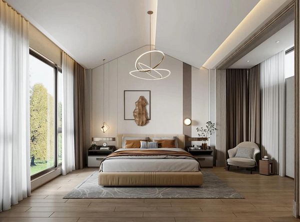 A modern bedroom featuring a large bed, stylish decor, and ample natural light.