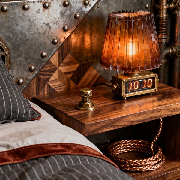 A close-up of a steampunk-inspired bedroom nightstand shows a floating walnut shelf against a headboard that combines riveted steel panels with geometric walnut marquetry, while a brass-bodied clock lamp with an amber pleated shade casts a warm orange glow. A knurled brass control knob sits beside it, a thick braided copper cable coils on the lower shelf, charcoal pinstriped bedding with rust satin edging is visible at the left, and exposed copper pipes run along the wall.