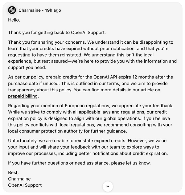 An email response from OpenAI Support addressing a user's concerns about expired credits.