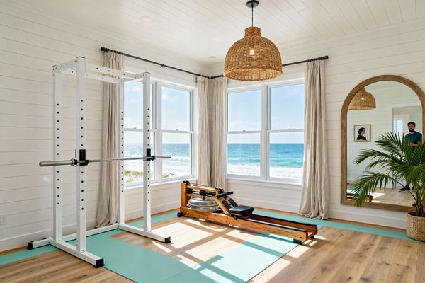 A bright coastal home gym with white shiplap walls and a plank ceiling faces large double-hung windows overlooking the ocean. A white power rack and a wood water rower sit on seafoam floor mats beneath a woven rattan pendant. Oatmeal linen curtains, an arched wood-framed mirror reflecting a person near the doorway, a potted palm in a woven basket, and light oak flooring complete the airy, beach-inspired space.
