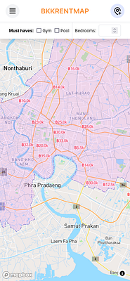 A mobile interface displaying a rental map of Bangkok with various price markers.