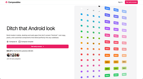 The image features a landing page for a UI component library called Composables, showcasing various button styles and a promotional offer.