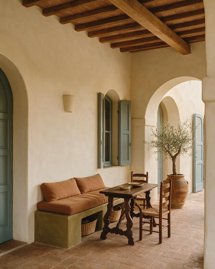 A Mediterranean-style front porch with plaster walls, arched openings, and exposed wooden ceiling beams. The space includes a built-in bench with terracotta cushions, a dark wood table with woven chairs, pale blue shutters, and a large clay pot holding an olive tree.