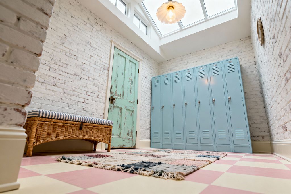 A light-filled mudroom with whitewashed brick walls features a row of powder-blue metal lockers on the right and a distressed mint wooden door at the far end. A rattan bench with a blue-and-white striped cushion sits on a pink and buttercream checkerboard floor layered with a fringed flat-weave rug, while a skylight and scalloped glass pendant provide warm illumination.