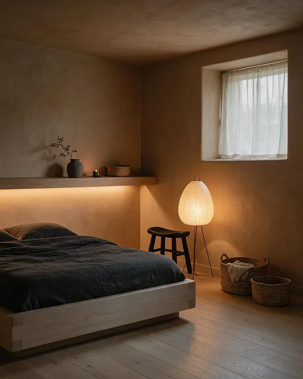 A serene guest bedroom with a low light wood bed dressed in dark charcoal bedding, set against warm taupe plaster walls and pale wood flooring. A built-in shelf with a vase, candle, and basket sits above the bed, while a paper floor lamp, black stool, and woven baskets add soft texture near a small curtained window.