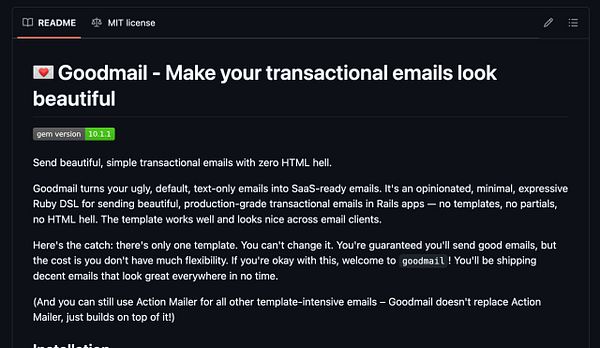 The image displays a README file for a Ruby gem called 'Goodmail'.
