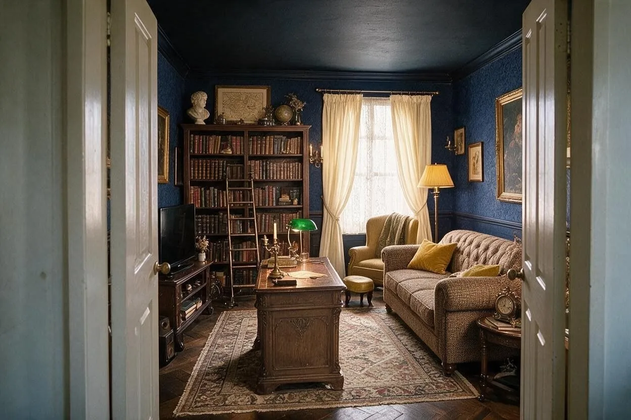 The same Dark Academia living room in the Navy Quad palette: deep navy, tweed brown, walnut, paper cream, and mustard